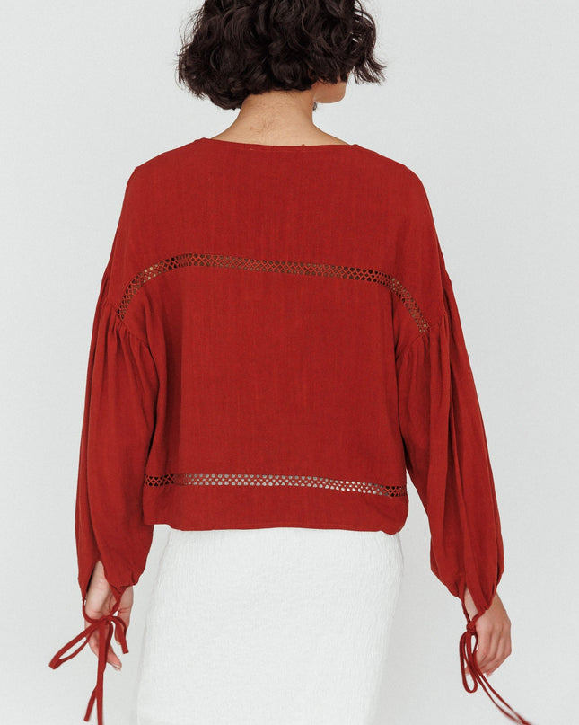 Long Sleeve Embroidery Trim Top Tobacco