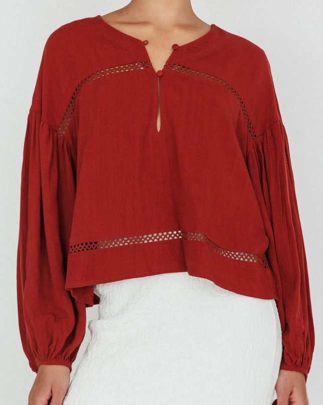 Long Sleeve Embroidery Trim Top Tobacco