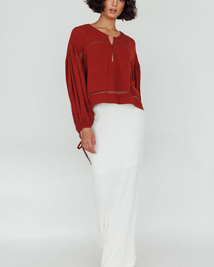 Long Sleeve Embroidery Trim Top Tobacco