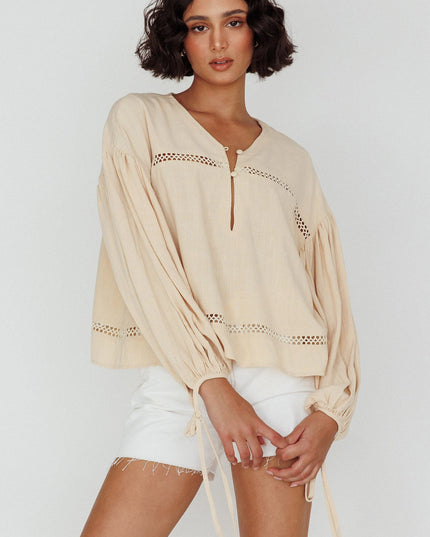 Wheat Long Sleeve Embroidery Trim Top