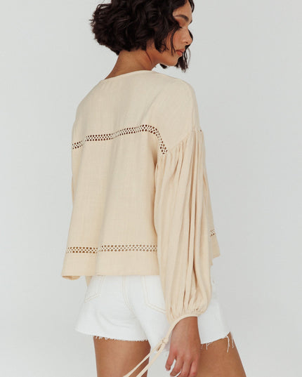 Wheat Long Sleeve Embroidery Trim Top