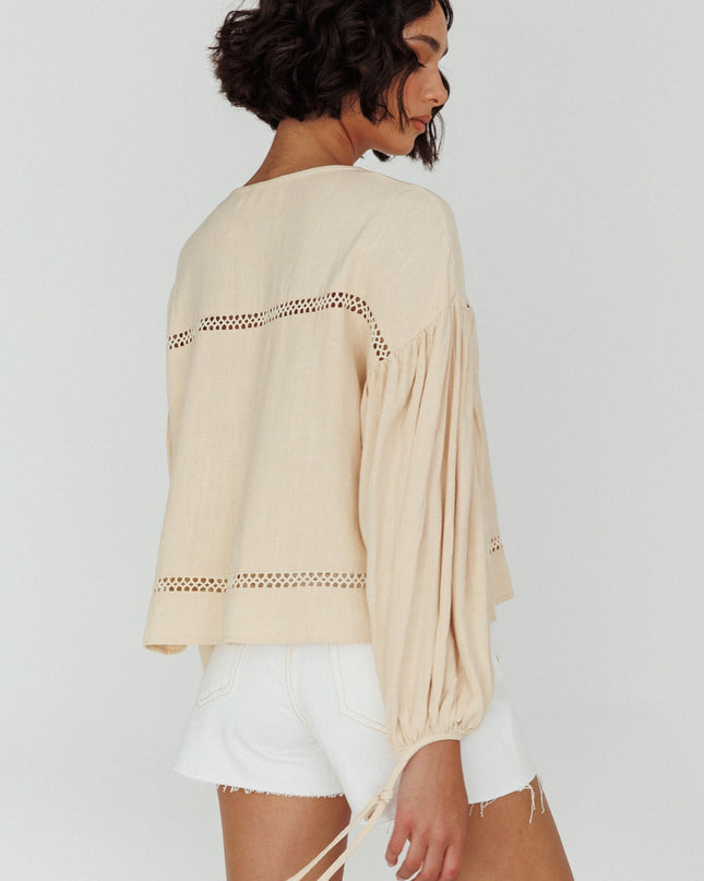 Wheat Long Sleeve Embroidery Trim Top