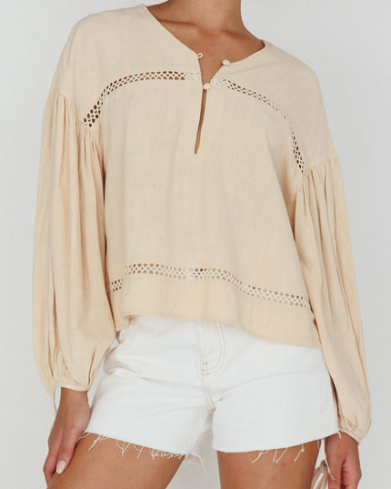 Wheat Long Sleeve Embroidery Trim Top