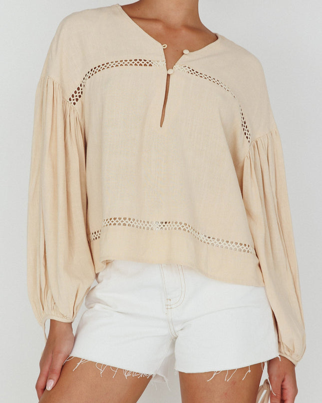 Wheat Long Sleeve Embroidery Trim Top