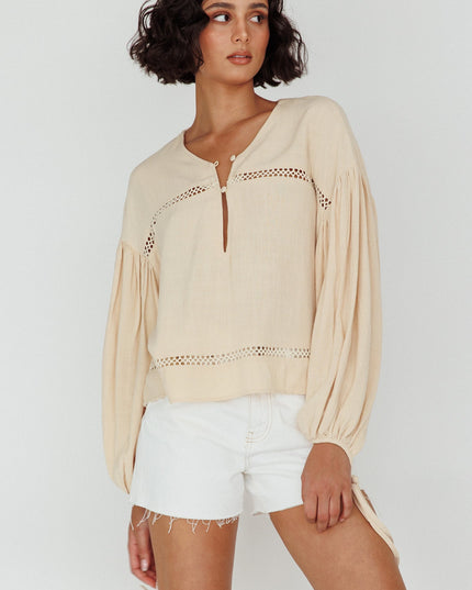 Wheat Long Sleeve Embroidery Trim Top
