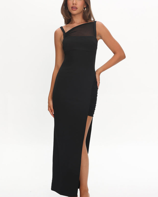 Black Split Ruched Midi Dress