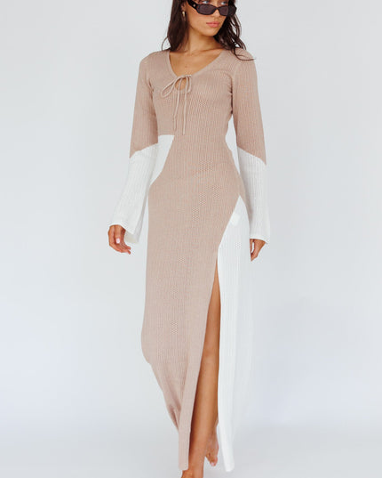 Beige Long Sleeve Crochet Maxi Dress
