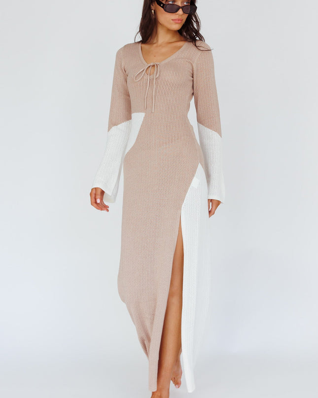 Beige Long Sleeve Crochet Maxi Dress