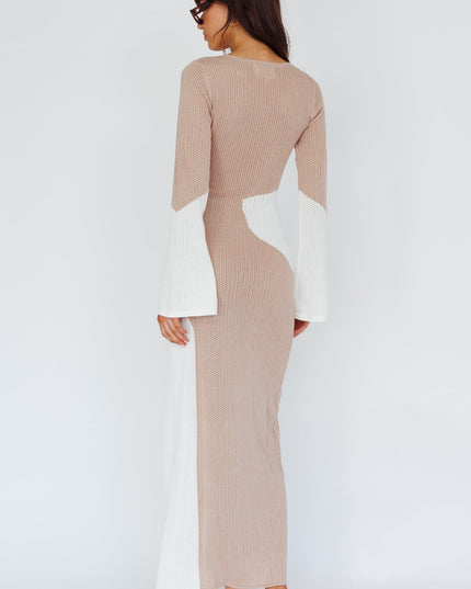 Beige Long Sleeve Crochet Maxi Dress