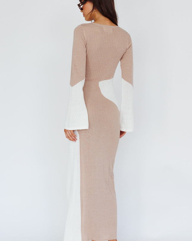 Beige Long Sleeve Crochet Maxi Dress