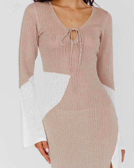 Beige Long Sleeve Crochet Maxi Dress