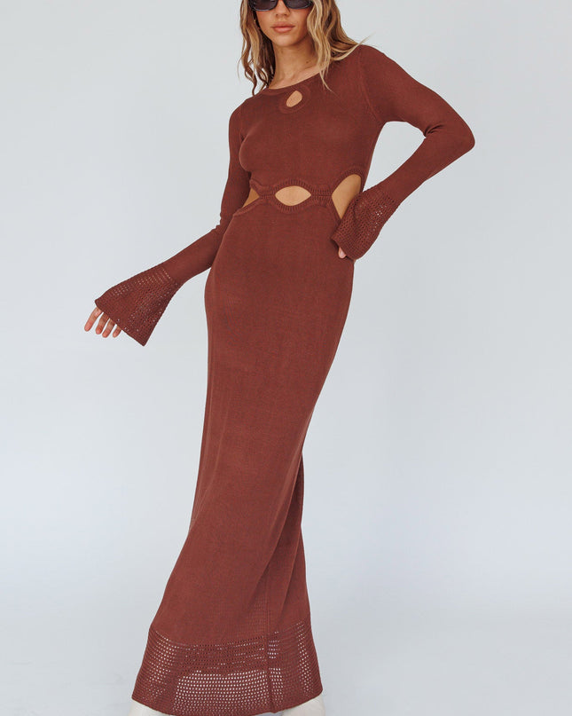 Long Sleeve Cut-Out Knit Maxi Dress Coffee