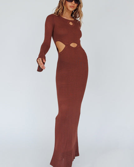 Long Sleeve Cut-Out Knit Maxi Dress Coffee