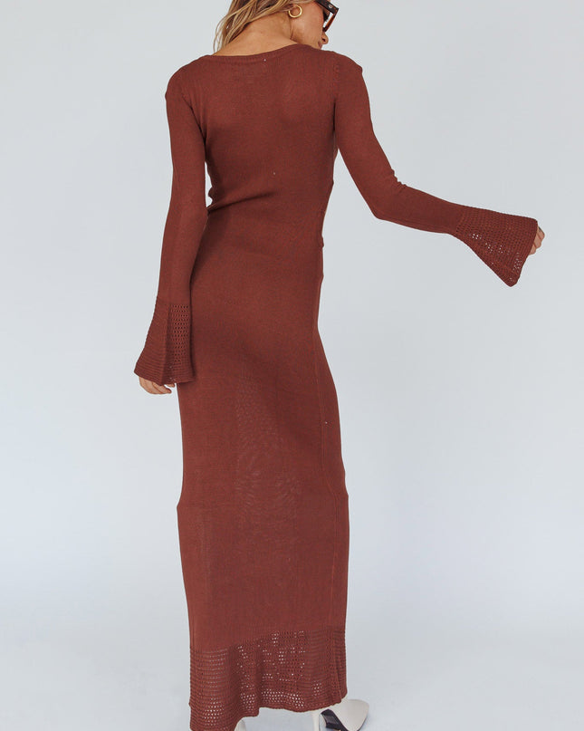 Long Sleeve Cut-Out Knit Maxi Dress Coffee