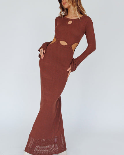 Long Sleeve Cut-Out Knit Maxi Dress Coffee