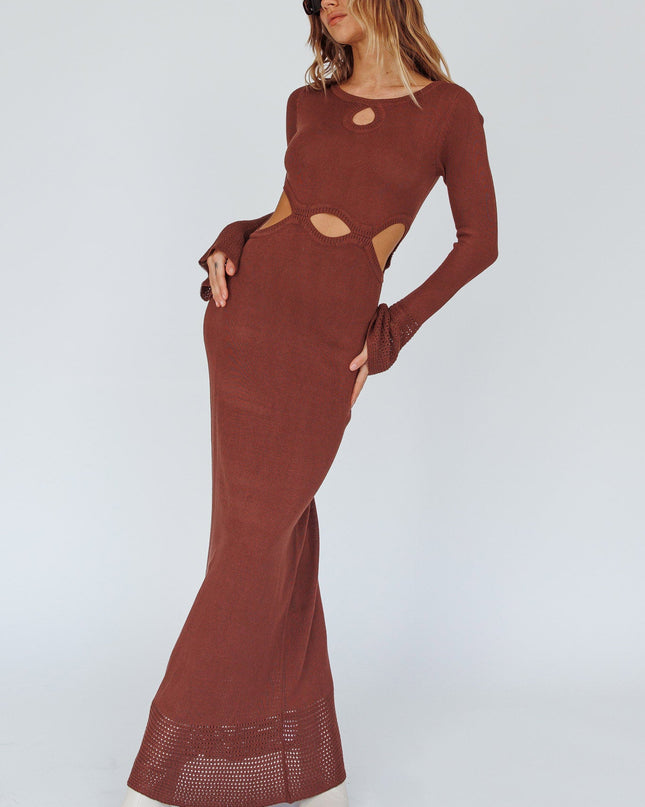 Long Sleeve Cut-Out Knit Maxi Dress Coffee