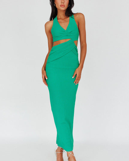 Green Cut-out Ribbed Halterneck Midi Dress
