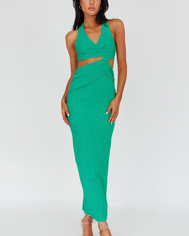 Green Cut-out Ribbed Halterneck Midi Dress