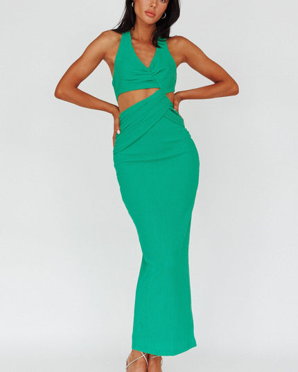 Green Cut-out Ribbed Halterneck Midi Dress