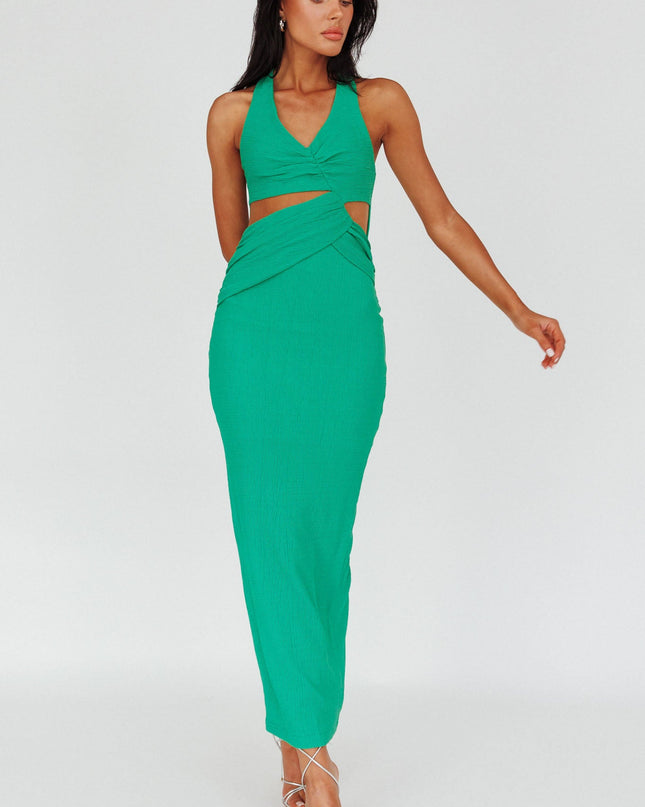 Green Cut-out Ribbed Halterneck Midi Dress