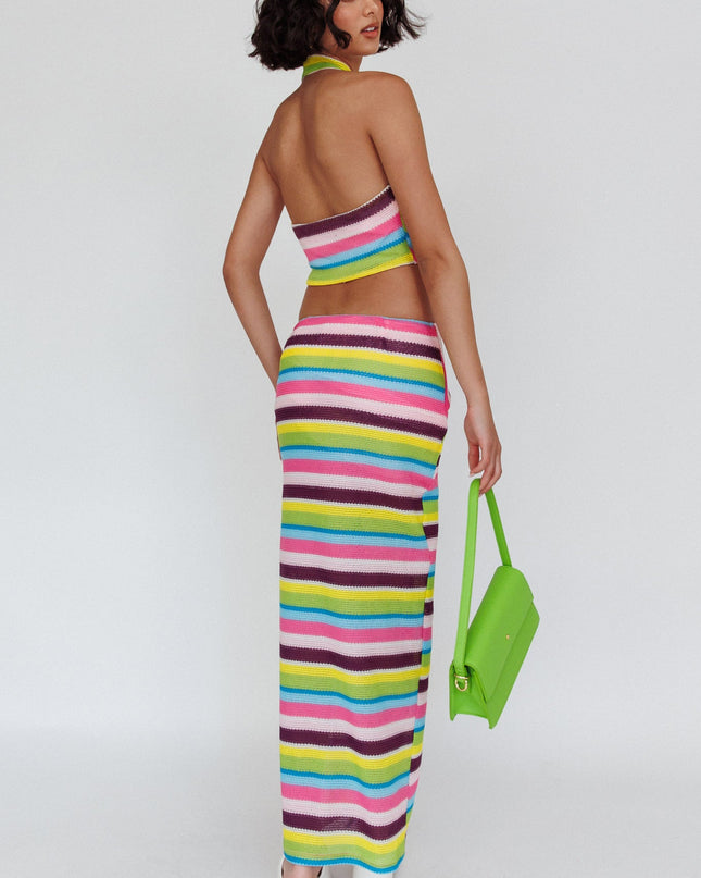 Multi Tie Waist Knit Maxi Skirt Blue
