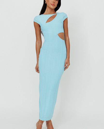 Blue Cap Sleeve Cut-Out Midi Dress