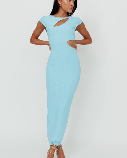 Blue Cap Sleeve Cut-Out Midi Dress