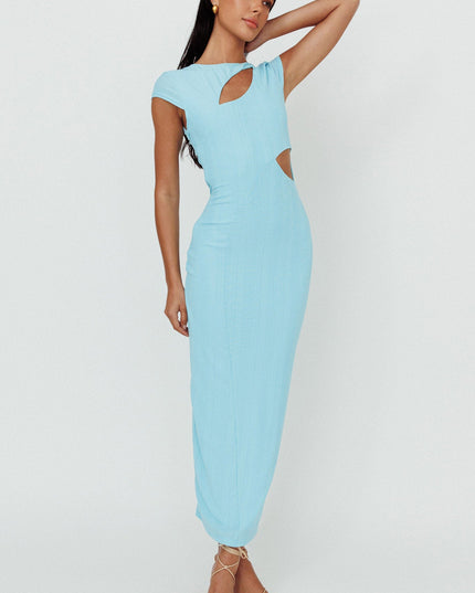 Blue Cap Sleeve Cut-Out Midi Dress