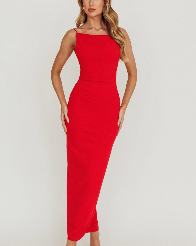 Red Backless Boat Neck Maxi Dress