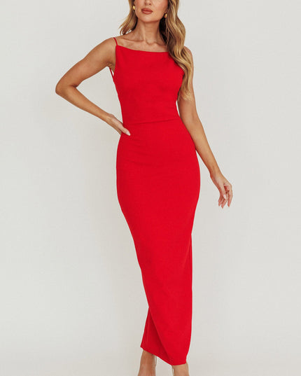 Red Backless Boat Neck Maxi Dress