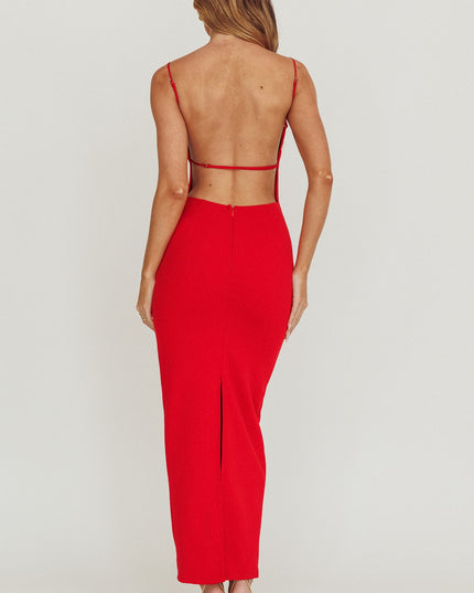 Red Backless Boat Neck Maxi Dress