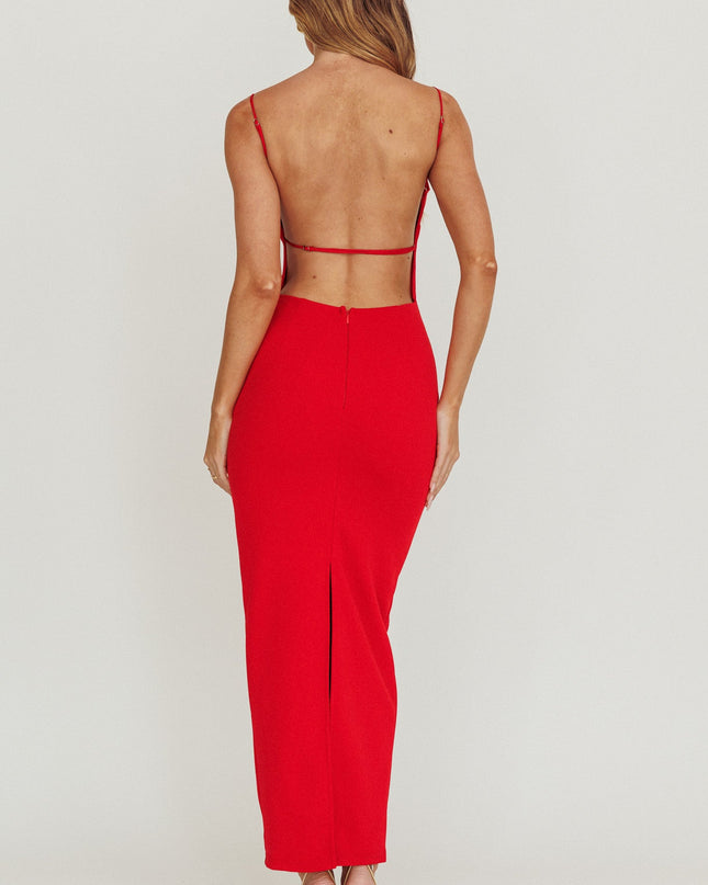 Red Backless Boat Neck Maxi Dress