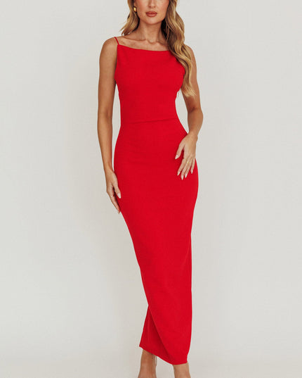 Red Backless Boat Neck Maxi Dress