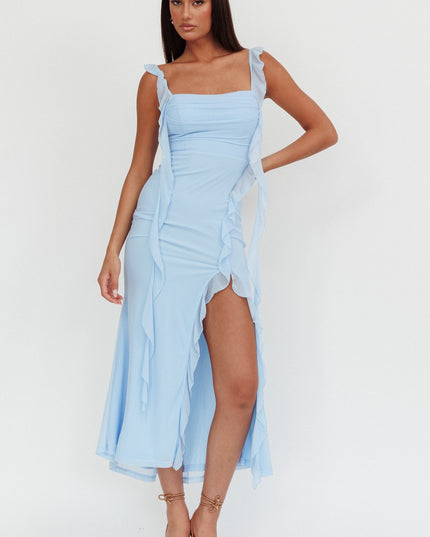 Blue Ruffle Trim Maxi Dress