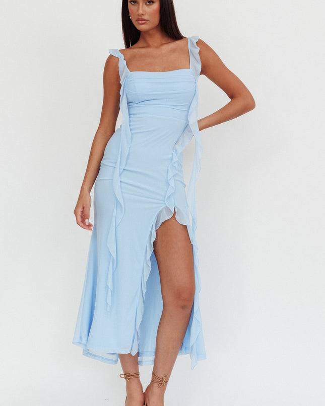 Blue Ruffle Trim Maxi Dress
