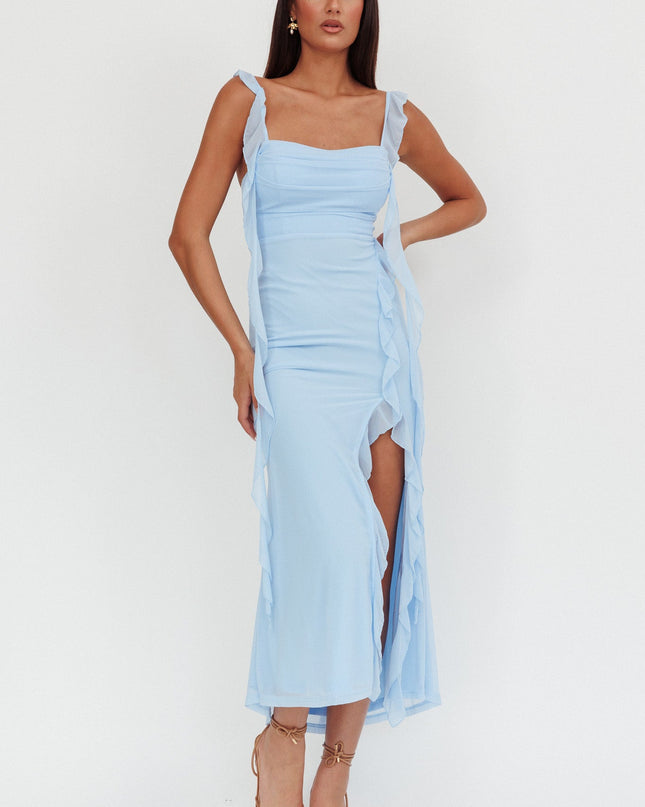 Blue Ruffle Trim Maxi Dress