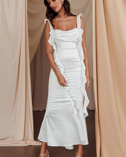 Oyster Ruffle Trim Midi Dress