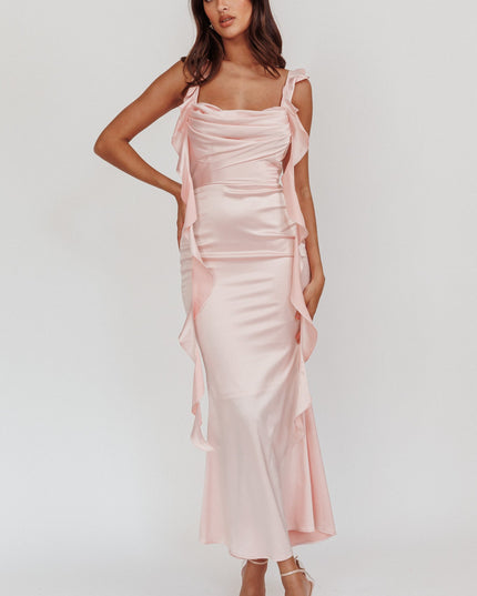 Baby Pink Ruffle Trim Midi Dress