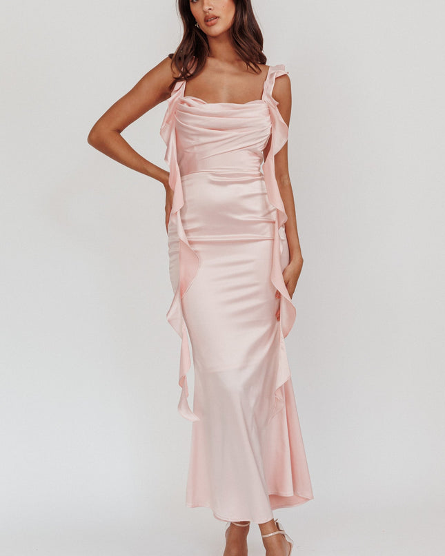 Baby Pink Ruffle Trim Midi Dress