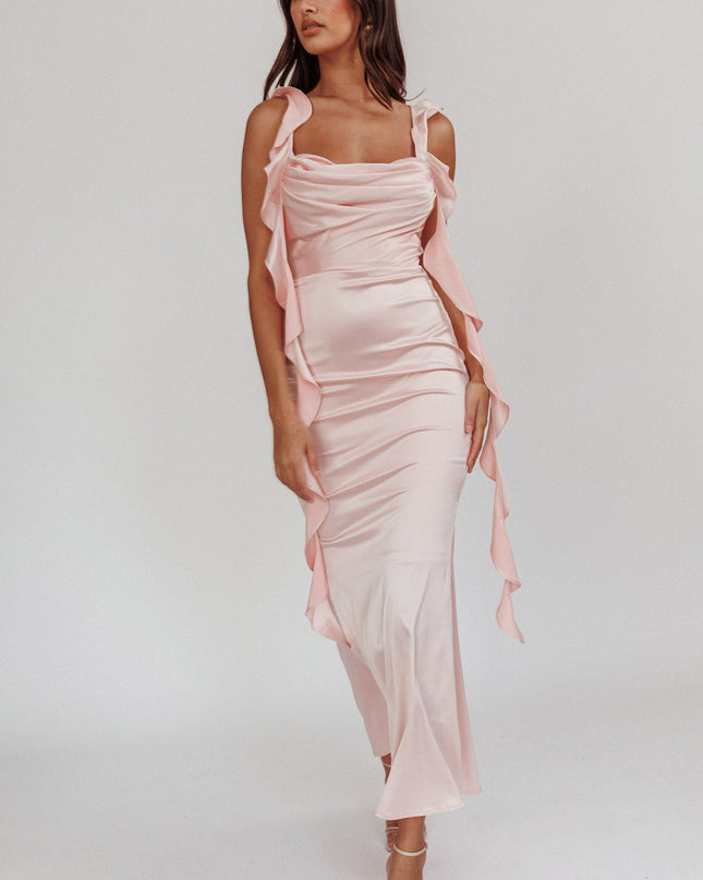 Baby Pink Ruffle Trim Midi Dress