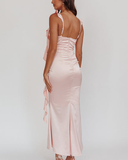 Baby Pink Ruffle Trim Midi Dress