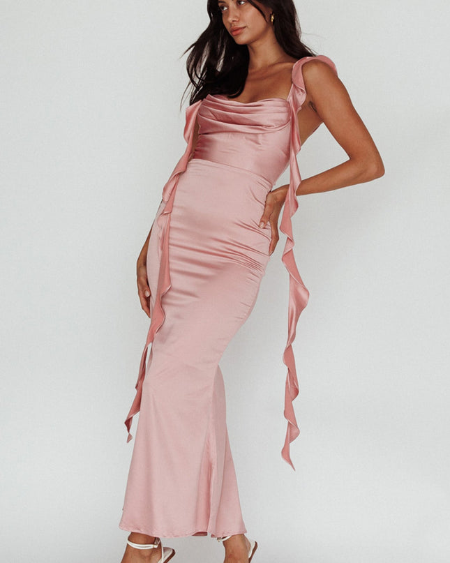 Mauve Ruffle Trim Midi Dress