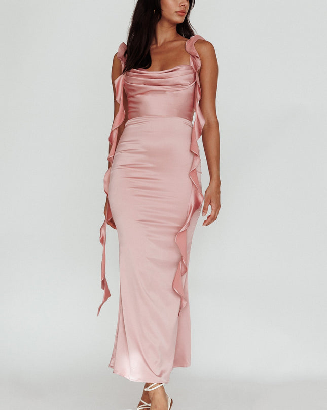 Mauve Ruffle Trim Midi Dress