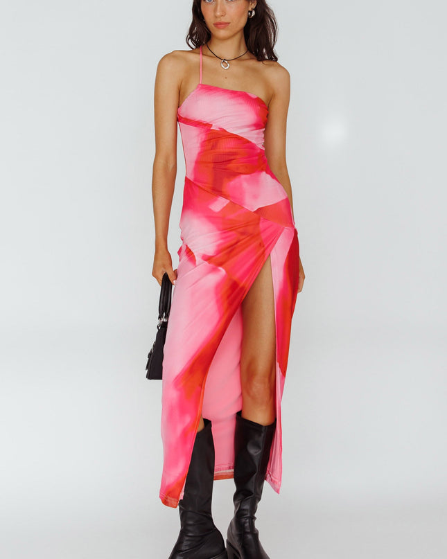 Pink One Strap Mesh Midi Dress Print