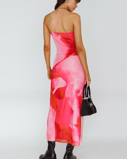 Pink One Strap Mesh Midi Dress Print