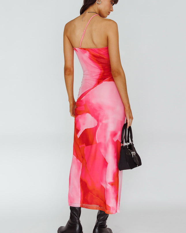 Pink One Strap Mesh Midi Dress Print