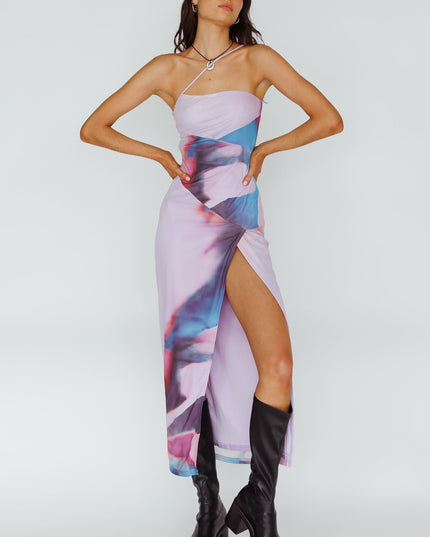Plum One Strap Mesh Midi Dress Print