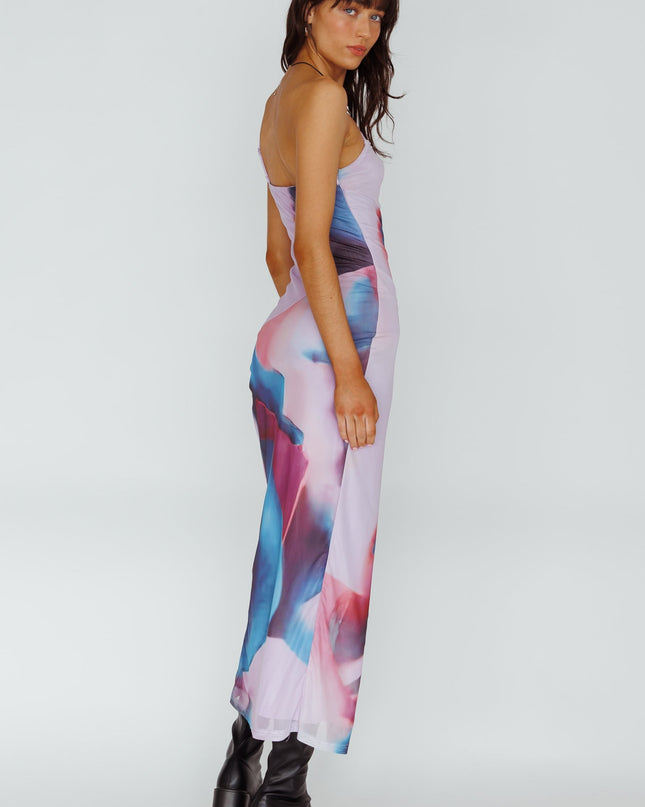Plum One Strap Mesh Midi Dress Print