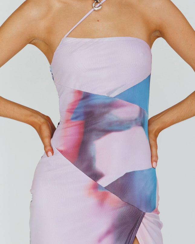 Plum One Strap Mesh Midi Dress Print