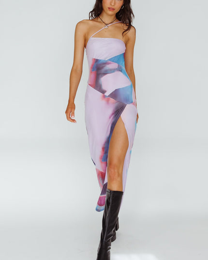 Plum One Strap Mesh Midi Dress Print